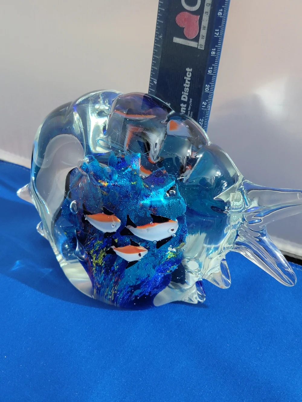 Source Unknown Glass Fish Paperweight - Blue with Orange Accents